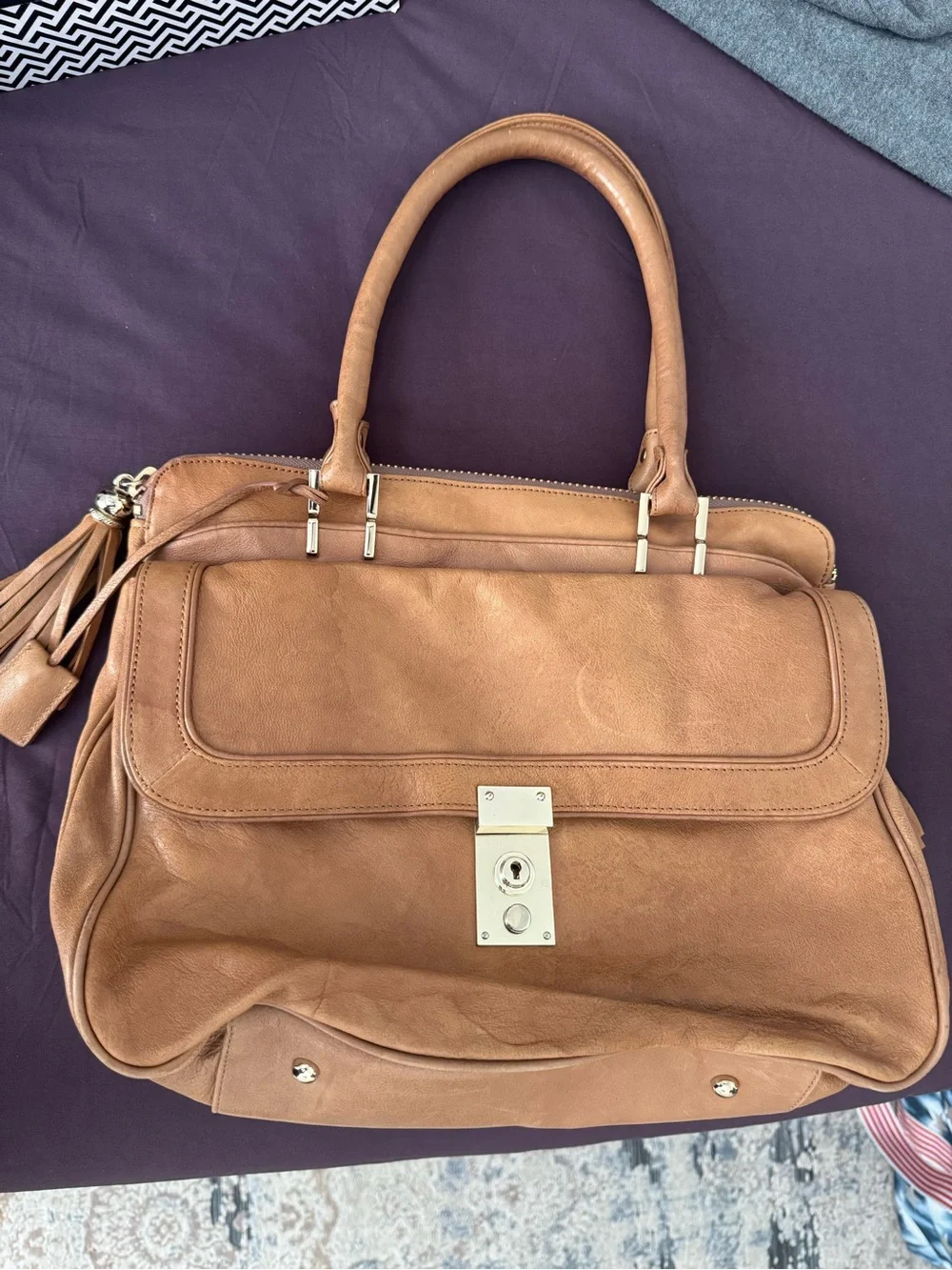 Tre Vero Cognac Leather Satchel with Gold Hardware